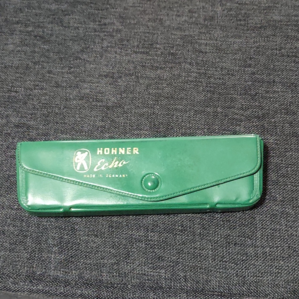 Vintage Hohner Echo Harmonica Silver Metal Body Original Green Case G Instrument
